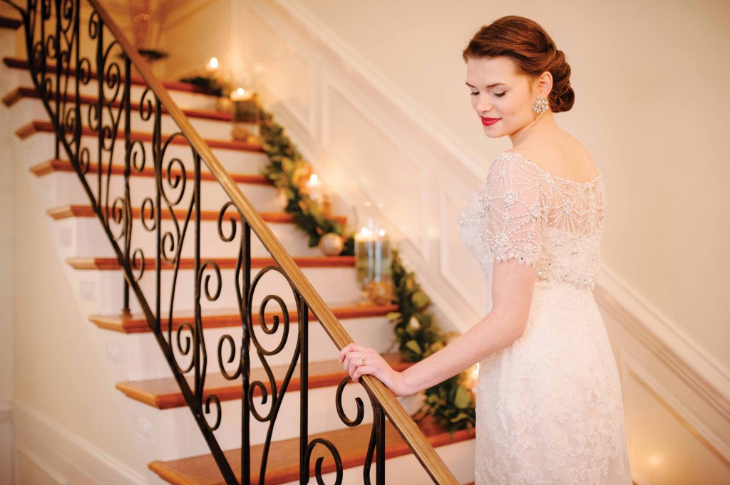 Bride walking up the stairs.